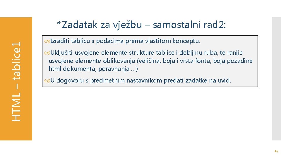 HTML – tablice 1 * Zadatak za vježbu – samostalni rad 2: Izraditi tablicu