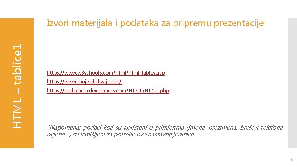Izvori materijala i podataka za pripremu prezentacije: HTML – tablice 1 slider / CSS