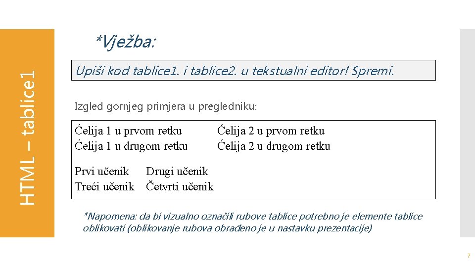 HTML – tablice 1 *Vježba: Upiši kod tablice 1. i tablice 2. u tekstualni