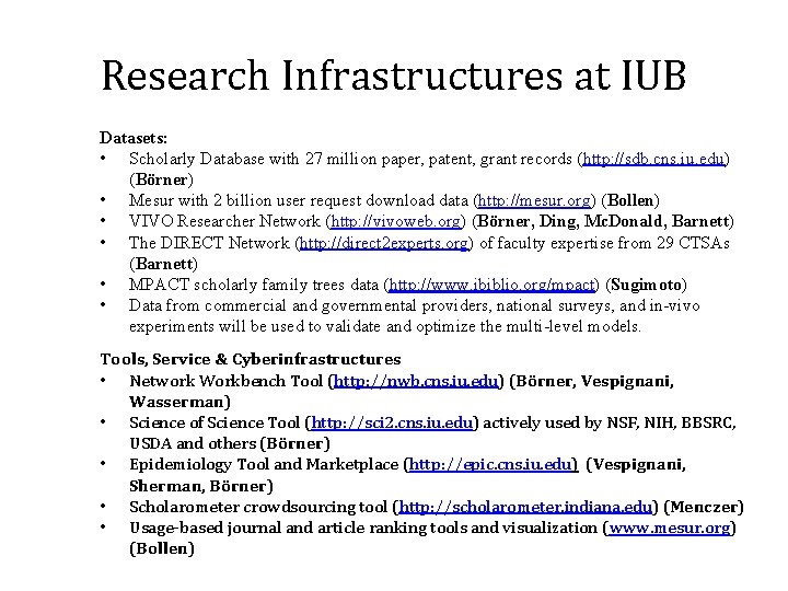 Research Infrastructures at IUB Datasets: • Scholarly Database with 27 million paper, patent, grant