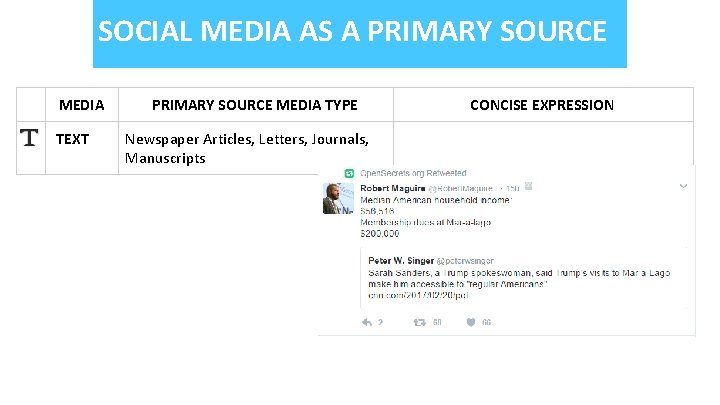 SOCIAL MEDIA AS A PRIMARY SOURCE MEDIA TEXT PRIMARY SOURCE MEDIA TYPE Newspaper Articles,
