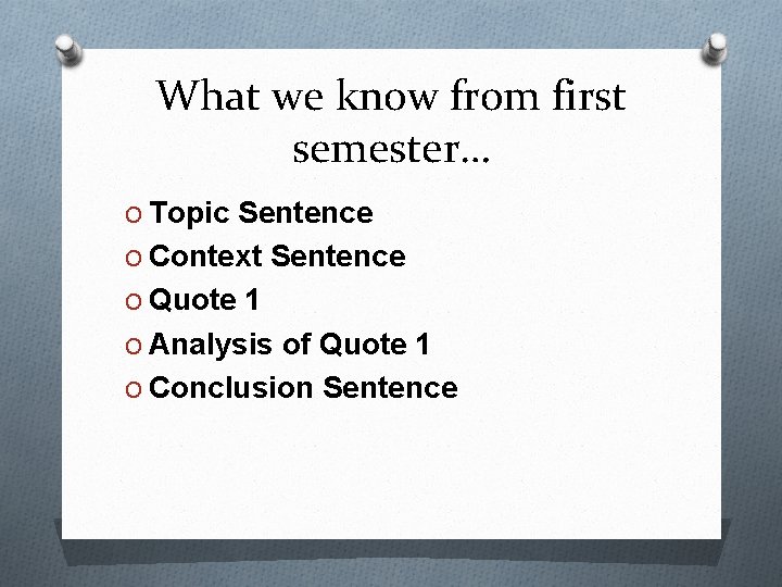 What we know from first semester… O Topic Sentence O Context Sentence O Quote