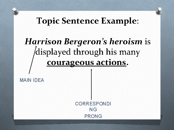 Topic Sentence Example: Harrison Bergeron’s heroism is displayed through his many courageous actions. MAIN