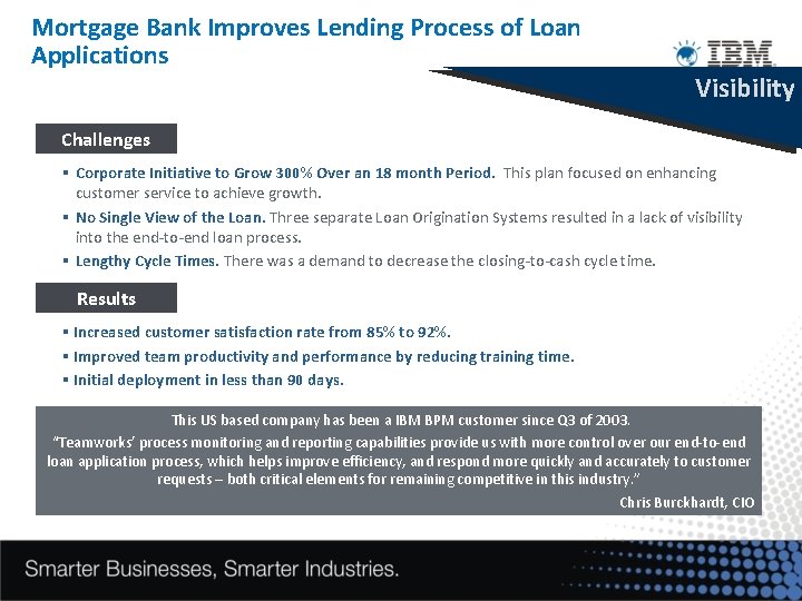 Mortgage Bank Improves Lending Process of Loan Applications Visibility Challenges § Corporate Initiative to