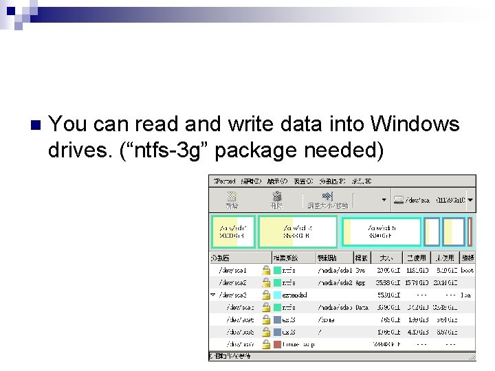 n You can read and write data into Windows drives. (“ntfs-3 g” package needed) n You can read and write data into Windows drives. (“ntfs-3 g” package needed)
