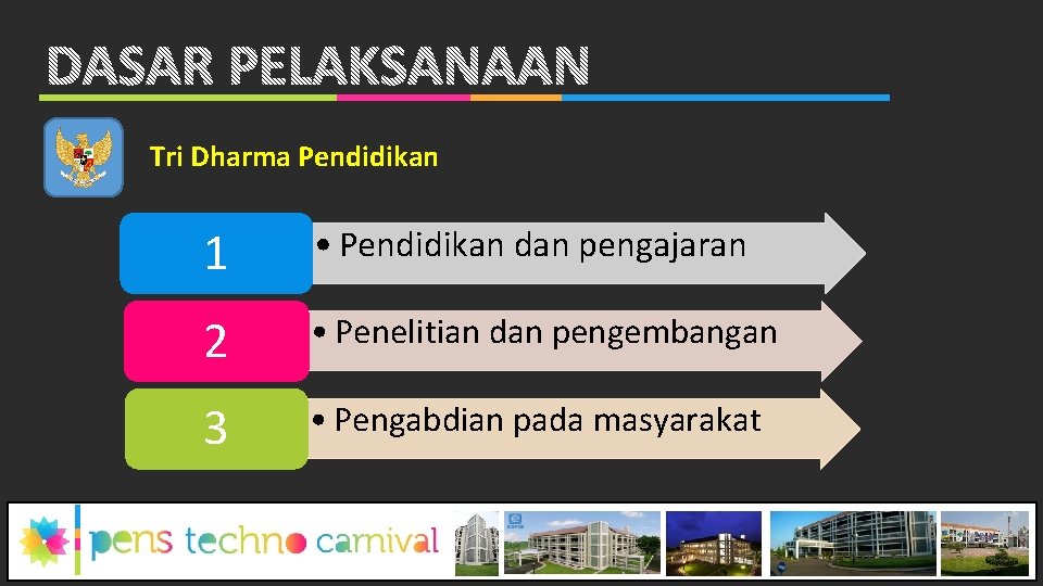 Tri Dharma Pendidikan 1 • Pendidikan dan pengajaran 2 • Penelitian dan pengembangan 3