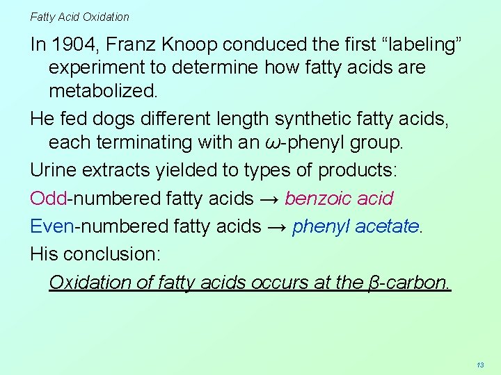 Fatty Acid Oxidation In 1904, Franz Knoop conduced the first “labeling” experiment to determine