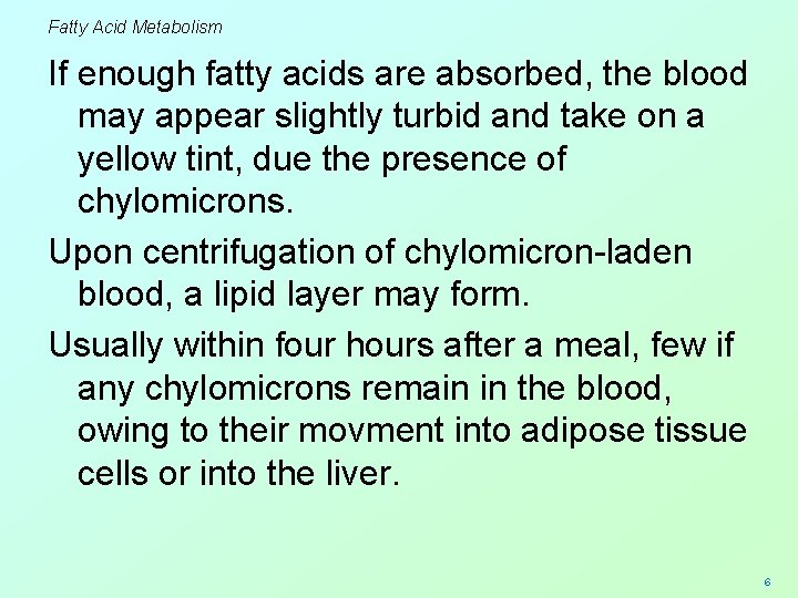 Fatty Acid Metabolism If enough fatty acids are absorbed, the blood may appear slightly