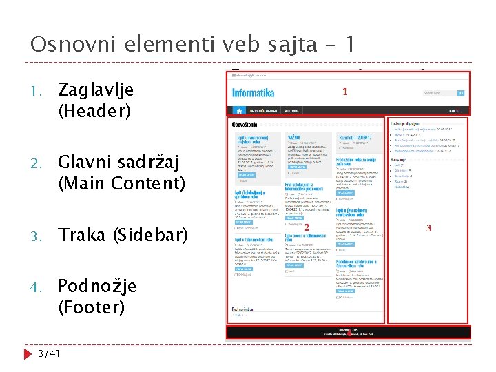 Osnovni elementi veb sajta - 1 1. Zaglavlje (Header) 2. Glavni sadržaj (Main Content)