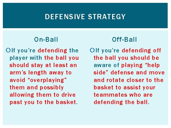 DEFENSIVE STRATEGY On-Ball If you’re defending the player with the ball you should stay