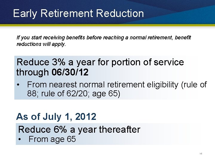 Early Retirement Reduction If you start receiving benefits before reaching a normal retirement, benefit