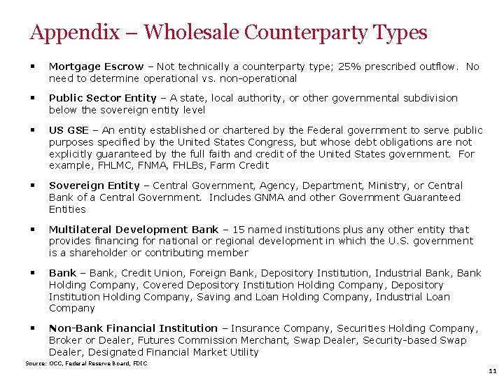 Appendix – Wholesale Counterparty Types § Mortgage Escrow – Not technically a counterparty type;