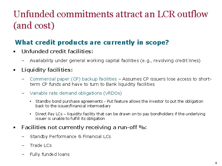 Unfunded commitments attract an LCR outflow (and cost) What credit products are currently in