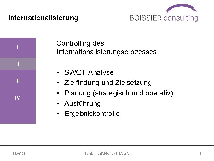 Internationalisierung I Controlling des Internationalisierungsprozesses II IV 15. 06. 16 • • • SWOT-Analyse