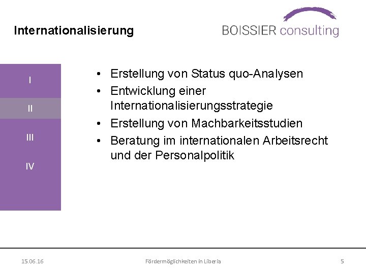 Internationalisierung I II IV 15. 06. 16 • Erstellung von Status quo-Analysen • Entwicklung