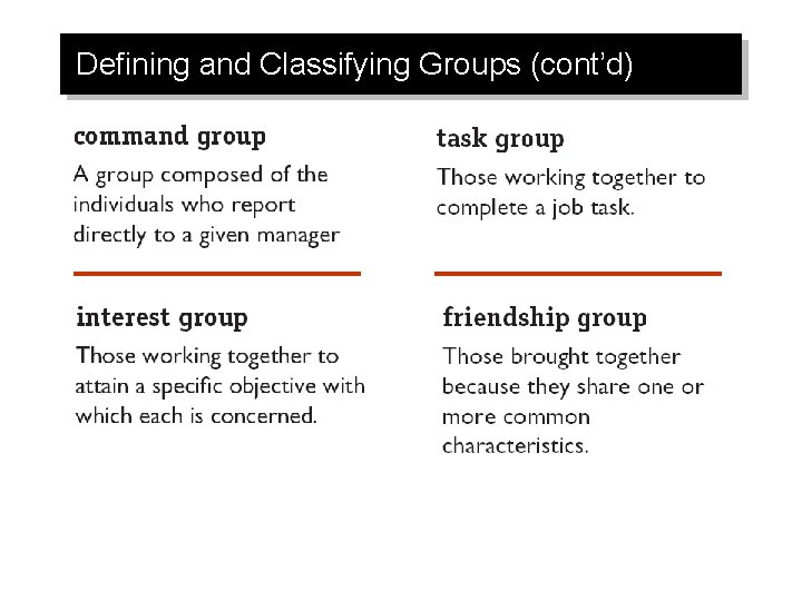Defining and Classifying Groups (cont’d) 
