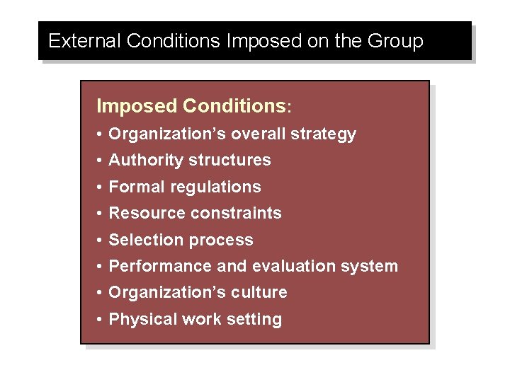 External Conditions Imposed on the Group Imposed Conditions: • Organization’s overall strategy • Authority