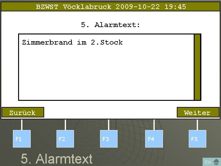 BZWST Vöcklabruck 2009 -10 -22 19: 45 5. Alarmtext: Zimmerbrand im 2. Stock Zurück