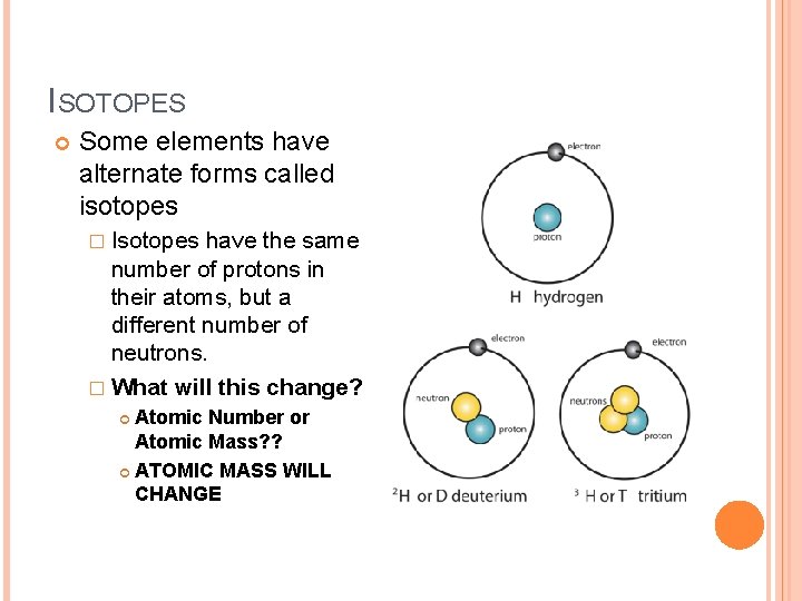 ISOTOPES Some elements have alternate forms called isotopes � Isotopes have the same number