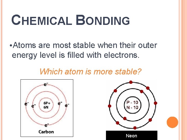 CHEMICAL BONDING • Atoms are most stable when their outer energy level is filled