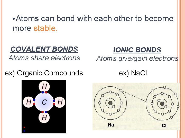  • Atoms can bond with each other to become more stable. COVALENT BONDS