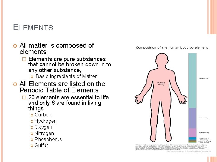 ELEMENTS All matter is composed of elements � Elements are pure substances that cannot