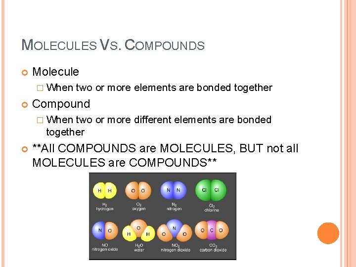 MOLECULES VS. COMPOUNDS Molecule � When two or more elements are bonded together Compound