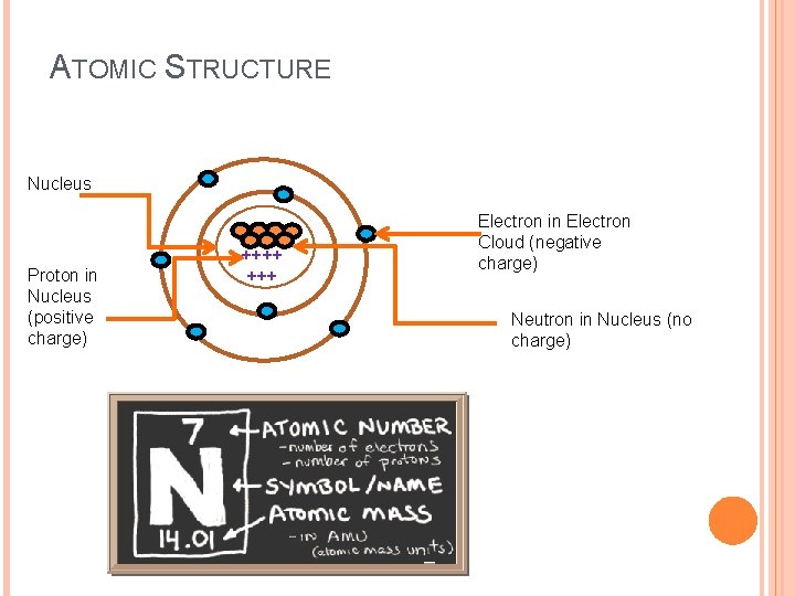 ATOMIC STRUCTURE Nucleus Proton in Nucleus (positive charge) ++++ Electron in Electron Cloud (negative