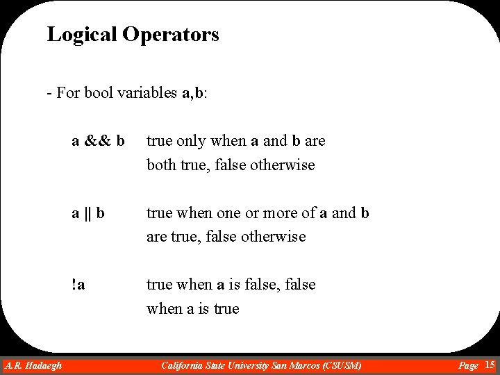 Logical Operators - For bool variables a, b: a && b true only when Logical Operators - For bool variables a, b: a && b true only when