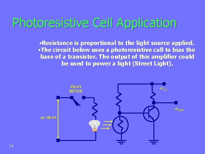 Photoresistive Cell Application • Resistance is proportional to the light source applied. • The