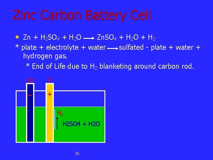 Zinc Carbon Battery Cell • Zn + H 2 SO 4 + H 2