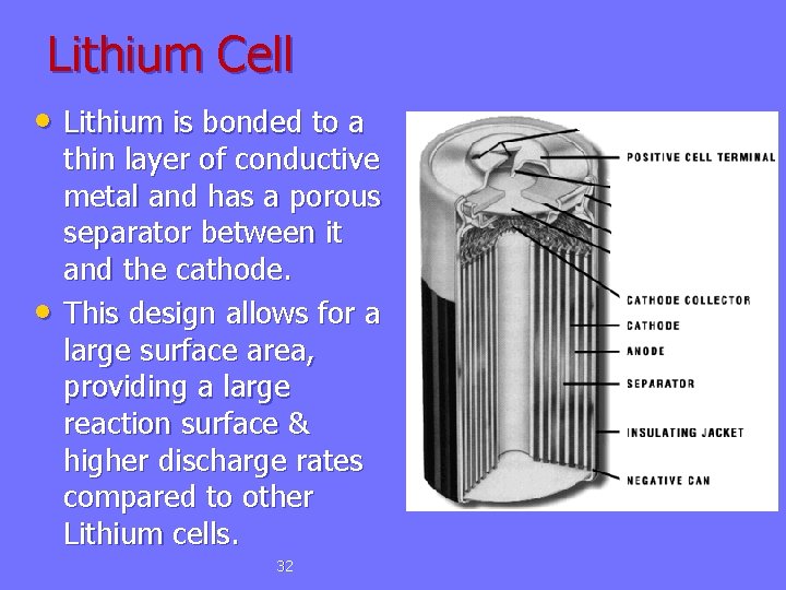 Lithium Cell • Lithium is bonded to a • thin layer of conductive metal