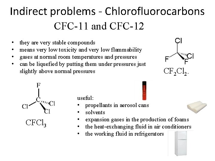 Indirect problems - Chlorofluorocarbons CFC-11 and CFC-12 • • they are very stable compounds