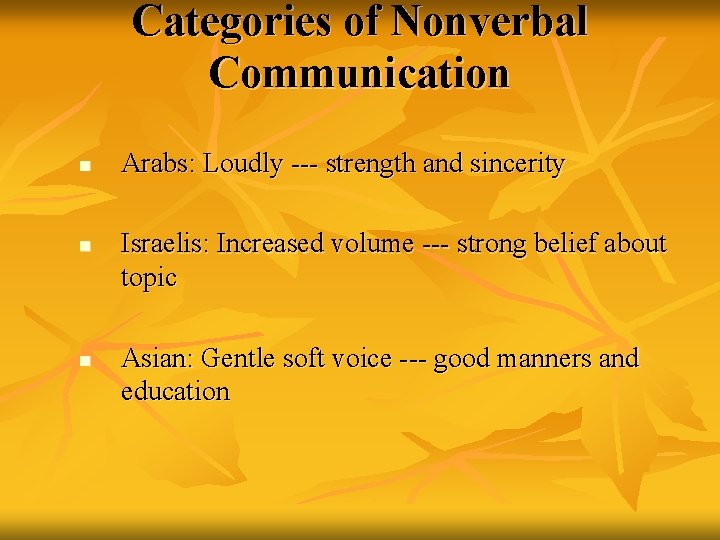 Categories of Nonverbal Communication n Arabs: Loudly --- strength and sincerity Israelis: Increased volume