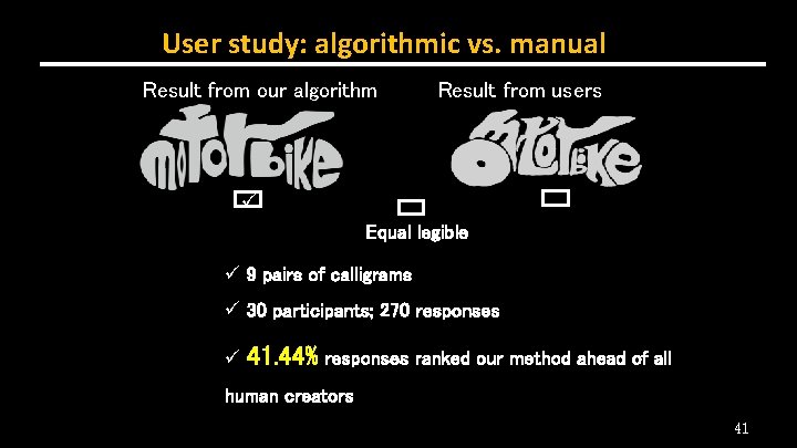 User study: algorithmic vs. manual Result from our algorithm Result from users ü Equal