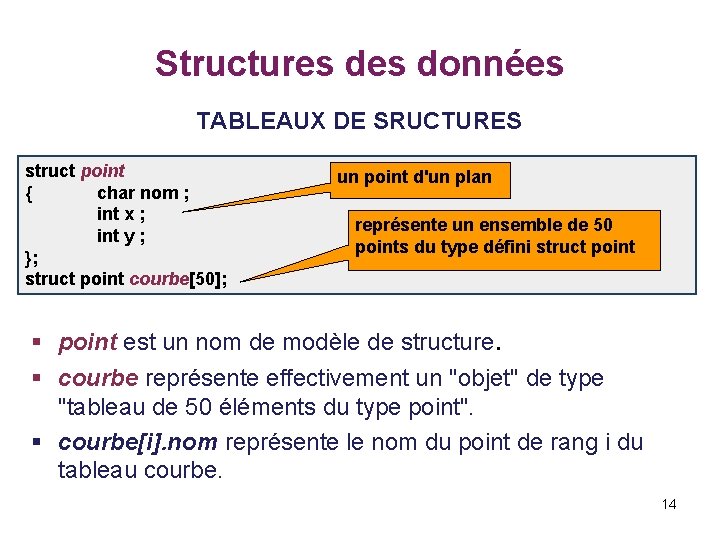 Structures données TABLEAUX DE SRUCTURES struct point { char nom ; int x ;