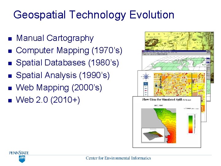 Geospatial Technology Evolution n n n Manual Cartography Computer Mapping (1970’s) Spatial Databases (1980’s) Geospatial Technology Evolution n n n Manual Cartography Computer Mapping (1970’s) Spatial Databases (1980’s)