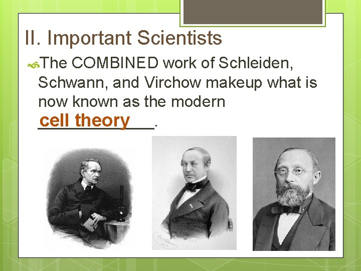 II. Important Scientists The COMBINED work of Schleiden, Schwann, and Virchow makeup what is