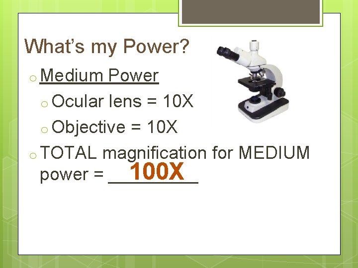 What’s my Power? o Medium Power o Ocular lens = 10 X o Objective