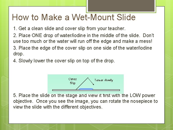 How to Make a Wet-Mount Slide 1. Get a clean slide and cover slip