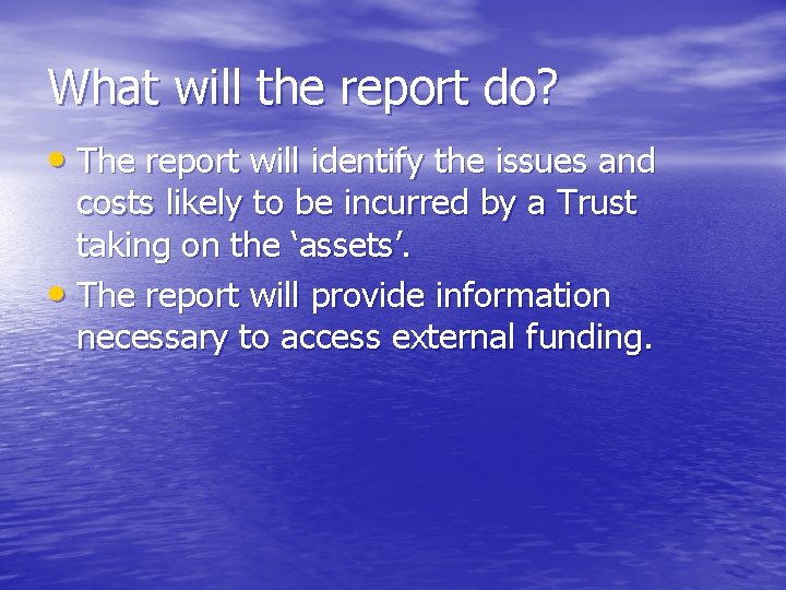 What will the report do? • The report will identify the issues and costs