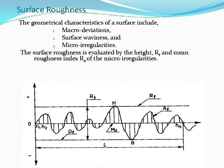 Surface Roughness The geometrical characteristics of a surface include, 1. Macro-deviations, 2. Surface waviness,