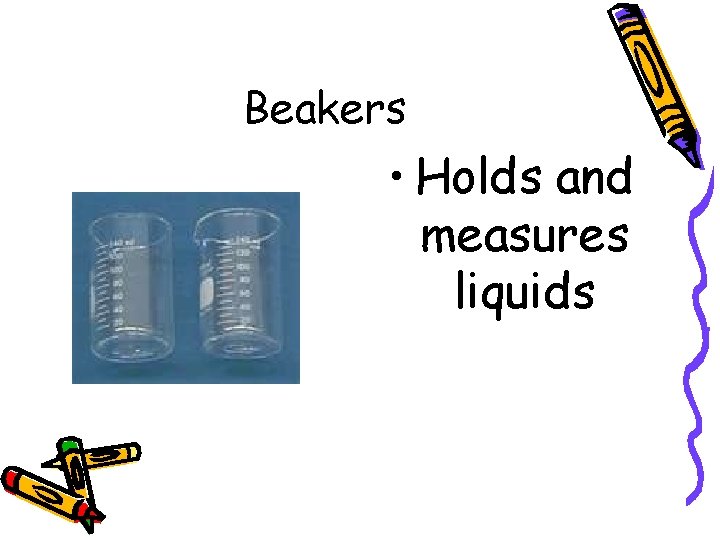 Beakers • Holds and measures liquids 