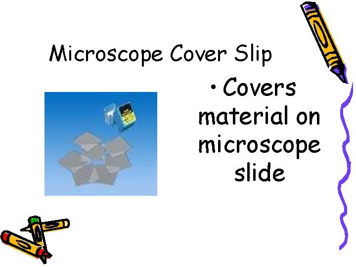 Microscope Cover Slip • Covers material on microscope slide 
