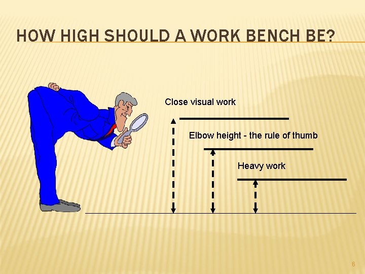 HOW HIGH SHOULD A WORK BENCH BE? Close visual work Elbow height - the