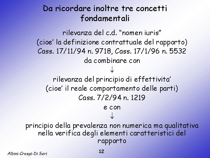 Da ricordare inoltre concetti fondamentali rilevanza del c. d. “nomen iuris” (cioe’ la definizione