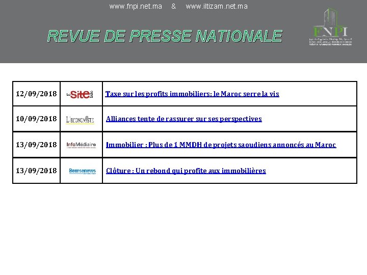 www. fnpi. net. ma & www. iltizam. net. ma REVUE DE PRESSE NATIONALE 12/09/2018