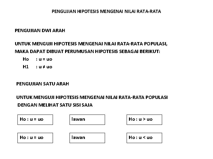 PENGUJIAN HIPOTESIS MENGENAI NILAI RATA-RATA PENGUJIAN DWI ARAH UNTUK MENGUJI HIPOTESIS MENGENAI NILAI RATA-RATA