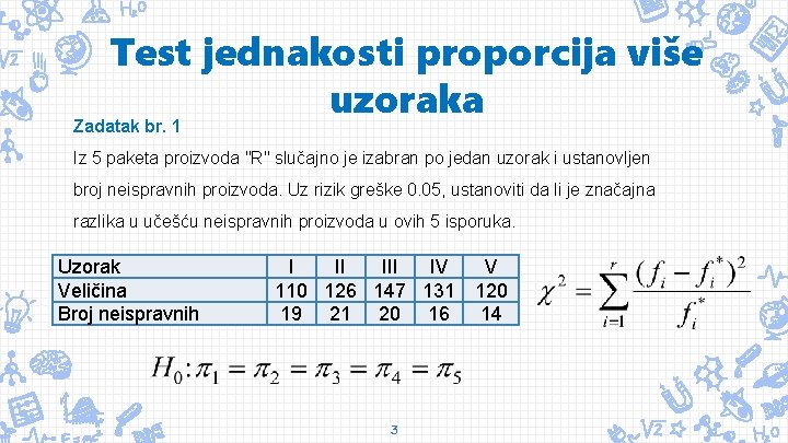 Test jednakosti proporcija više uzoraka Zadatak br. 1 Iz 5 paketa proizvoda "R" slučajno