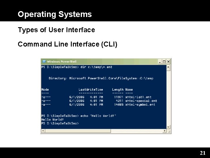 Operating Systems Types of User Interface Command Line Interface (CLI) 21 